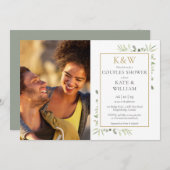 ゴールドモノグラムグリーン写真カップルシャワー 招待状 (正面/裏面)