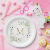 ゴールドモノグラムグリーン ユーカリの葉 ペーパープレート (パーティー)