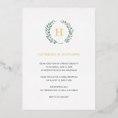 ゴールドモノグラムグリーン ラスティックウェディングレセプション 箔招待状 (正面)