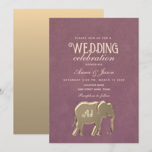 ゴールドモノグラムパープルウェディング 招待状 (正面/裏面)