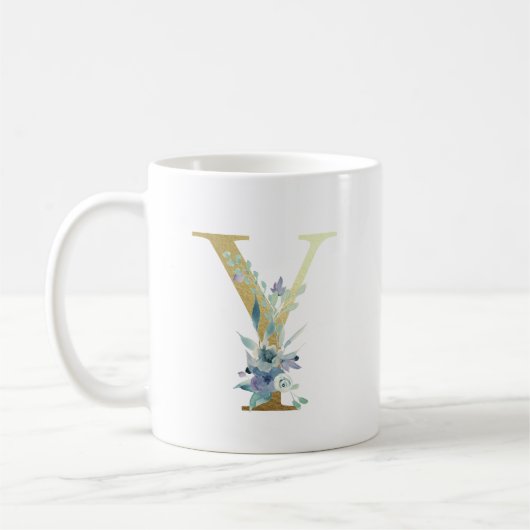 ゴールドモノグラムレター Y ブルーの水彩花 コーヒーマグカップ (左)