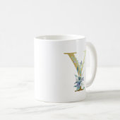 ゴールドモノグラムレターY ブルーウォーターカラーの花 コーヒーマグカップ (正面右)