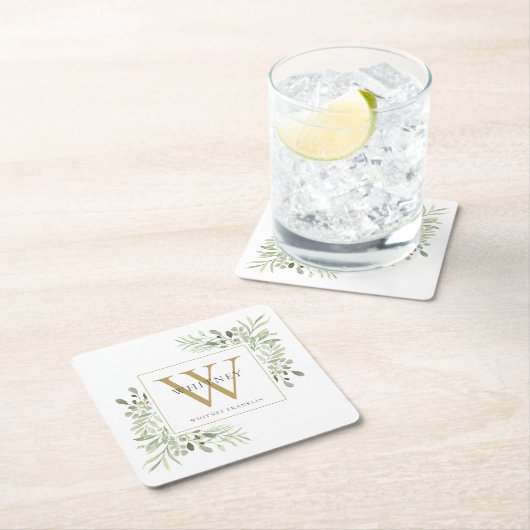 ゴールドモノグラム エレガント モダン グリーン フローラル スクエアペーパーコースター (インサイチュ)