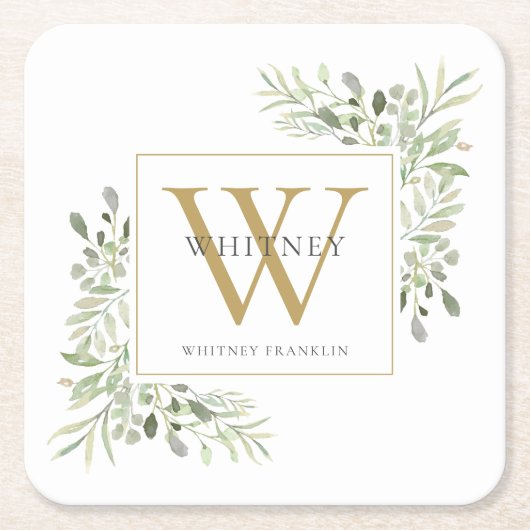 ゴールドモノグラム エレガント モダン グリーン フローラル スクエアペーパーコースター (正面)