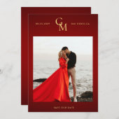 ゴールドモノグラム ダークレッド ムーディフォト パッション ウェディング セーブザデート (正面/裏面)