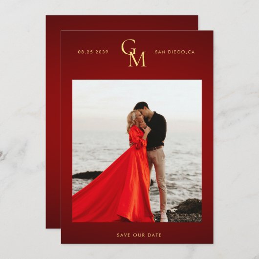 ゴールドモノグラム ダークレッド ムーディフォト パッション ウェディング セーブザデート (正面/裏面)