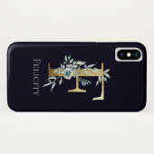 ゴールドモノグラム F ダークブルーフローラル 名前 Case-Mate iPhoneケース (裏面(横))