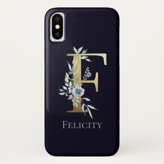 ゴールドモノグラム F ダークブルーフローラル 名前 Case-Mate iPhoneケース (裏面)