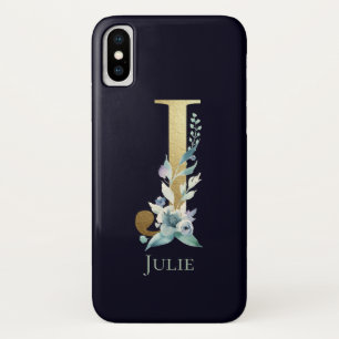 ゴールドモノグラム J ネイビーブルーの花の名前 iPhone X ケース