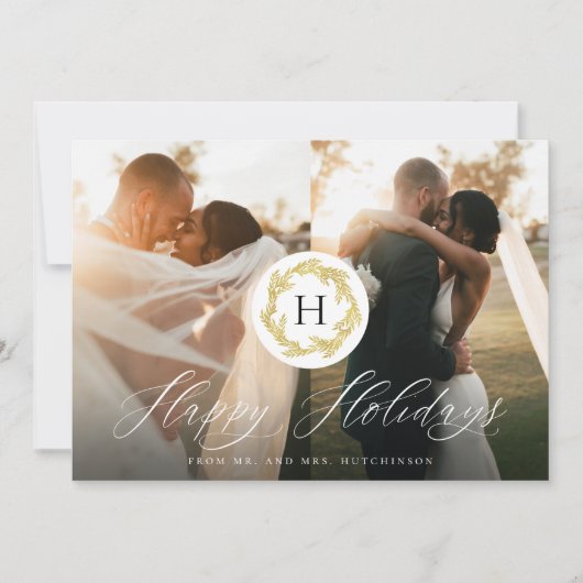 ゴールドモノグラム Mr. and Mrs. 新婚夫婦 2枚の写真 幸せ シーズンカード (正面)