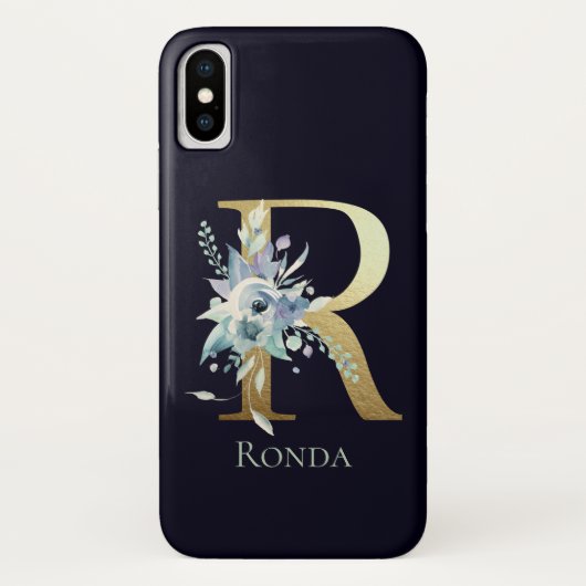 ゴールドモノグラム R ネイビーブルー フローラル 名前 Case-Mate iPhoneケース (裏面)