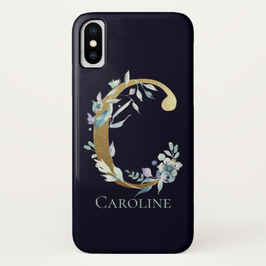 ゴールドモノグラムCネイビーブルーの花の名前 Case-Mate iPhoneケース (裏面)