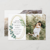 ゴールドユーカリグリーン二枚の写真でSave The Date 招待状 (正面/裏面)