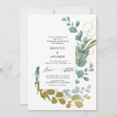 ゴールドユーカリグリーン 新しい日付の結婚式 招待状 (正面)