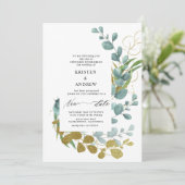 ゴールドユーカリグリーン 新しい日付の結婚式 招待状 (スタンド正面)