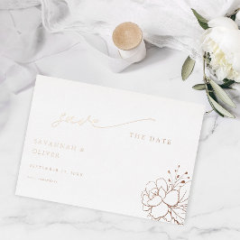ゴールドライン フラワー 白 Save the Date 箔招待状