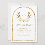 ゴールドラウレルリースの葉 白いウェディング セーブザデート (正面)