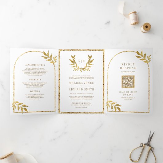 ゴールドラウレルリースの葉 白い結婚式 三つ折り招待状 (内部)