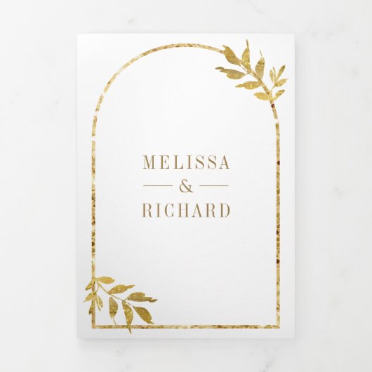 ゴールドラウレルリースの葉 白い結婚式 三つ折り招待状 (カバー)