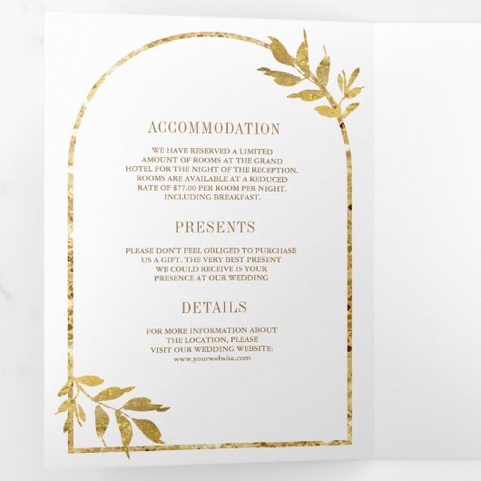 ゴールドラウレルリースの葉 白い結婚式 三つ折り招待状 (内部最初)