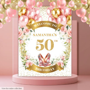 ゴールドラメが輝く50歳の誕生日フラワーバックドロップ タペストリー