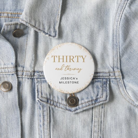 ゴールドラメで華やかに「Thirty & Thriving」で30歳の誕生日をお祝い 缶バッジ (インサイチュ)