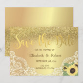 ゴールドラメぼかし、レース、ひまわり Save The Date セーブザデート (正面/裏面)