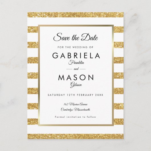 ゴールドラメストライプのSave the Date ポストカード (正面)