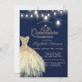 ゴールドラメドレス、ティアラQuinceañera 招待状 (正面)