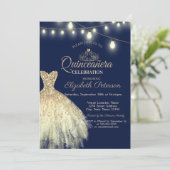 ゴールドラメドレス、ティアラQuinceañera 招待状 (スタンド正面)