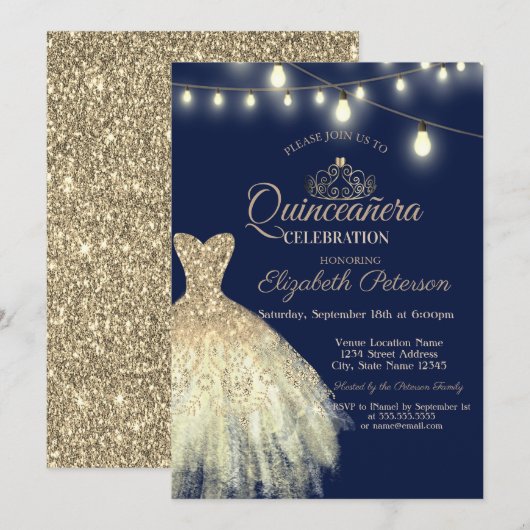 ゴールドラメドレス、ティアラQuinceañera 招待状 (正面/裏面)