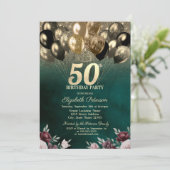 ゴールドラメバルーン フラワー グリーン 50歳の誕生日 招待状 (スタンド正面)