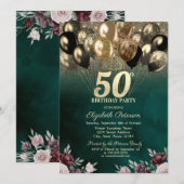 ゴールドラメバルーン フラワー グリーン 50歳の誕生日 招待状 (正面/裏面)