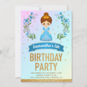 ゴールドラメ入りブルーフローラルプリンセスの誕生日パーティー 招待状 (正面)