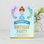 ゴールドラメ入りブルーフローラルプリンセスの誕生日パーティー 招待状 (スタンド正面)