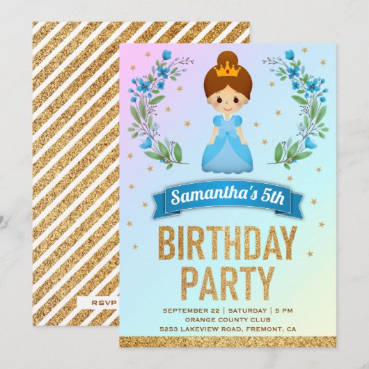 ゴールドラメ入りブルーフローラルプリンセスの誕生日パーティー 招待状 (正面/裏面)
