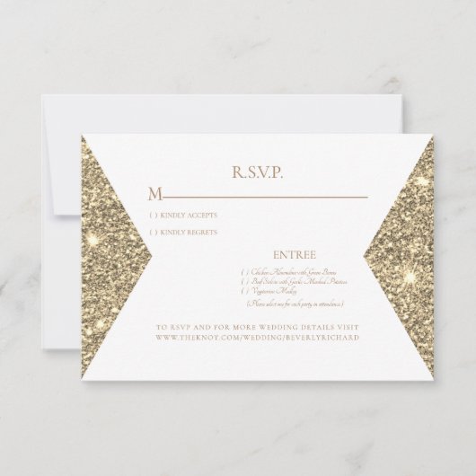 ゴールドラメ画像とモダンな白い結婚式RSVP 出欠カード (正面)
