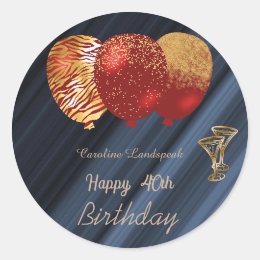 ゴールドラメ風船とゴールドグラスで40歳の誕生日を祝おう ラウンドシール (正面)