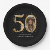 ゴールドラメ50歳の誕生日フォト ペーパープレート (正面)