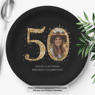 ゴールドラメ50歳の誕生日フォト ペーパープレート