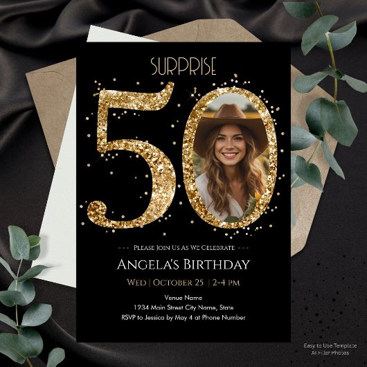 ゴールドラメ50歳の誕生日フォト 招待状