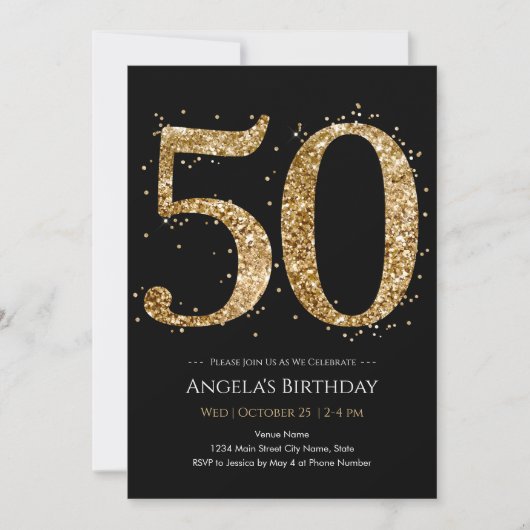 ゴールドラメ50歳の誕生日 招待状 (正面)