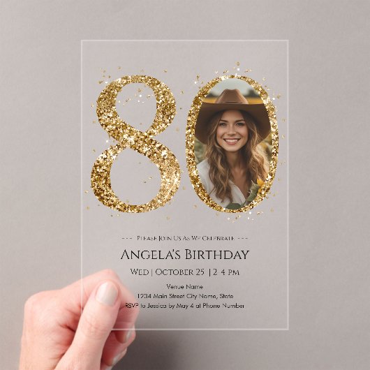 ゴールドラメ80歳の誕生日フォト アクリル招待状 (インサイチュ (ポータブル))