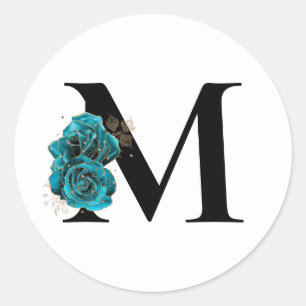 ゴールドラメ ティールブルーの花 モノグラム ラウンドシール