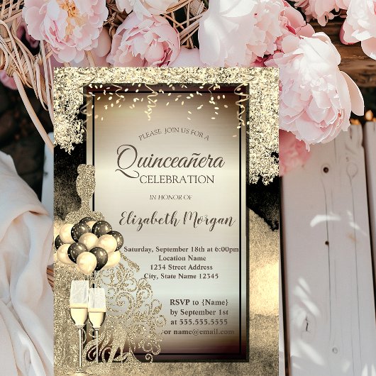 ゴールドラメ、バルーン、ハイヒール quinceanera 招待状
