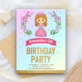 ゴールドラメ ピンクフラワー プリンセス 誕生日パーティー インビテーションポストカード