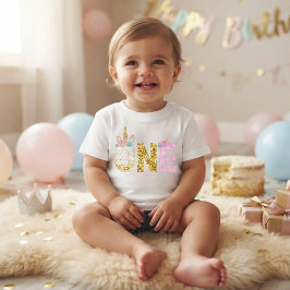 ゴールドラメ ピンクユニコーン 1歳の誕生日 ベビーTシャツ