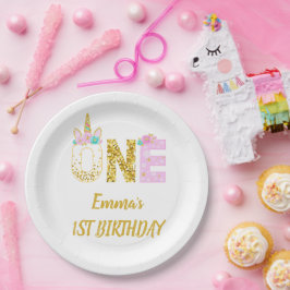 ゴールドラメ ピンクユニコーン 1歳の誕生日 ペーパープレート