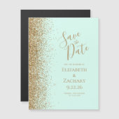 ゴールドラメ ミントグリーン マグネット式 Save the Date (正面/裏面)