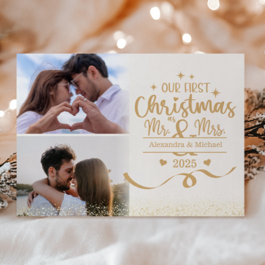 ゴールドラメ 初めてのクリスマス 2枚の写真 Mr & Mrs シーズンカード